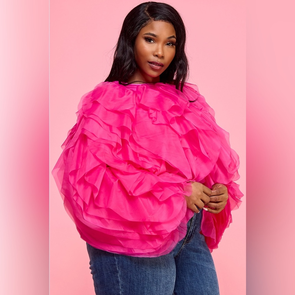 PLUS SIZE RUFFLE TULLE CROP TOP BLOUSE PINK